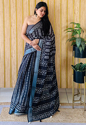 Batik Printed Linen Cotton Saree in Navy Blue