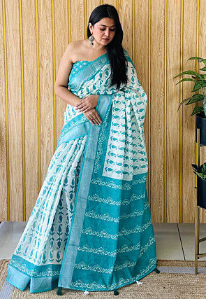Batik Printed Linen Cotton Saree in Off White