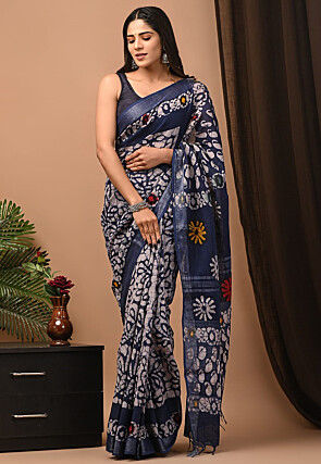 Batik Printed Linen Silk Saree in Navy Blue