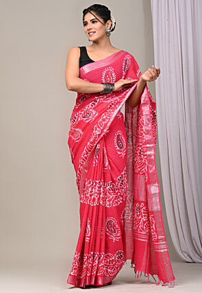 Batik Printed Linen Silk Saree in Pink