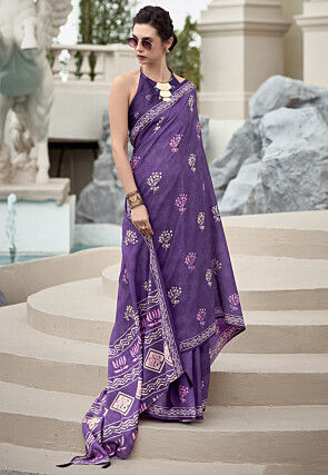 Batik Printed Mal Mal Cotton Saree in Purple