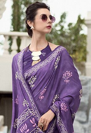 Batik Printed Mal Mal Cotton Saree in Purple