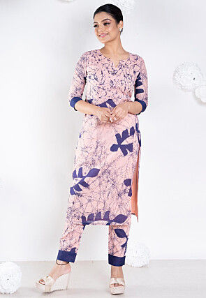 Batik Printed Cotton Straight Kurta Set in Pink