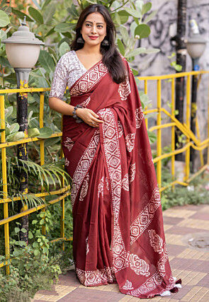 Batik Printed Pure Chanderi Cotton Saree in Maroon