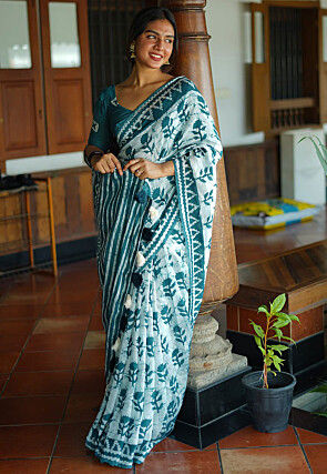 Batik Printed Pure Chanderi Cotton Saree in Off White