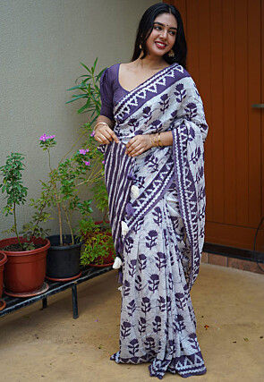 Batik Printed Pure Chanderi Cotton Saree in Off White