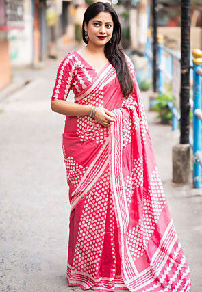 Batik Printed Pure Chanderi Cotton Saree in Pink