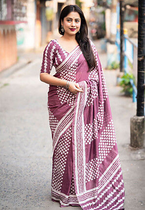 Batik Printed Pure Chanderi Cotton Saree in Purple