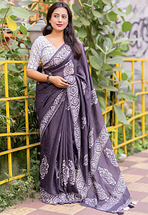 Batik Printed Pure Chanderi Cotton Saree in Purple