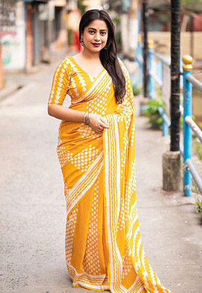 Batik Printed Pure Chanderi Cotton Saree in Yellow