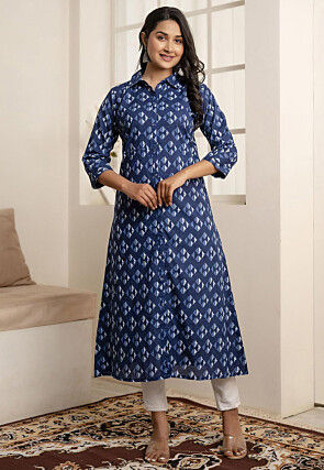 Batik Printed Pure Cotton Aline Kurta in Navy Blue