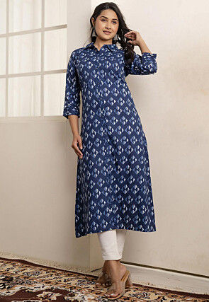 Batik Printed Pure Cotton Aline Kurta in Navy Blue