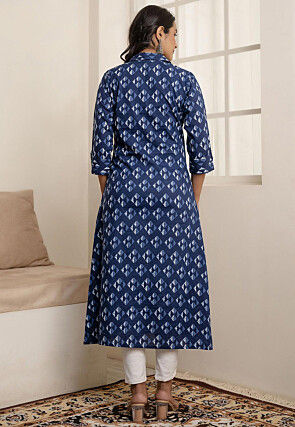 Batik Printed Pure Cotton Aline Kurta in Navy Blue