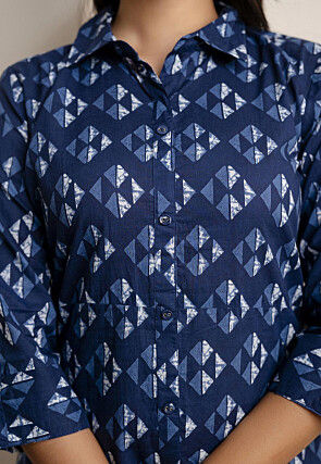 Batik Printed Pure Cotton Aline Kurta in Navy Blue
