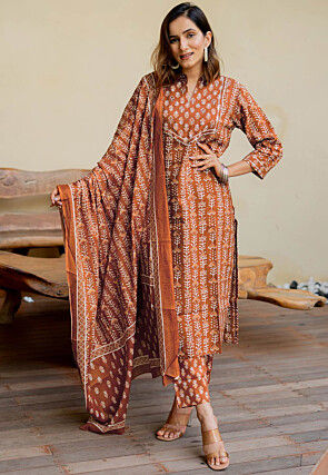 Batik Printed Pure Cotton Pakistani Suit in Rust