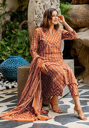 Batik Printed Pure Cotton Pakistani Suit in Rust