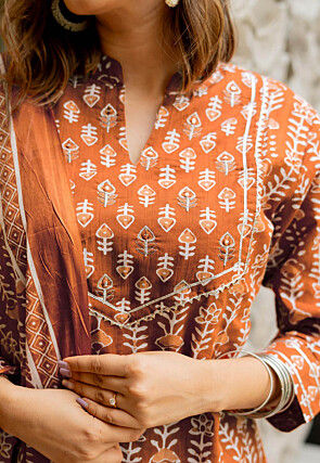Batik Printed Pure Cotton Pakistani Suit in Rust
