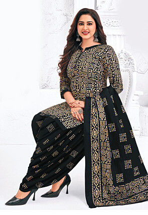 Batik Printed Pure Cotton Punjabi Suit in Black
