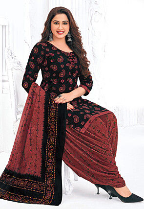 Batik Printed Pure Cotton Punjabi Suit in Black