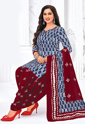 Batik Printed Pure Cotton Punjabi Suit in Blue
