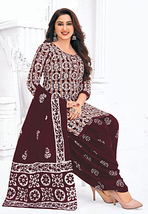 Batik Printed Pure Cotton Punjabi Suit in Light Brown