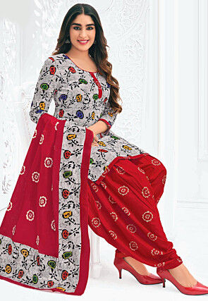 Batik Printed Pure Cotton Punjabi Suit in Light Grey