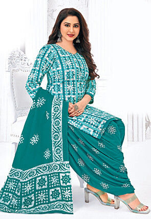Batik Printed Pure Cotton Punjabi Suit in Teal Blue