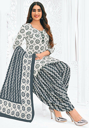 Batik Printed Pure Cotton Punjabi Suit in White