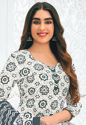 Batik Printed Pure Cotton Punjabi Suit in White