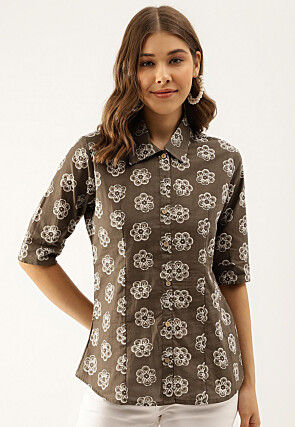 Batik Printed Pure Cotton Top in Fawn