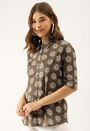 Batik Printed Pure Cotton Top in Fawn