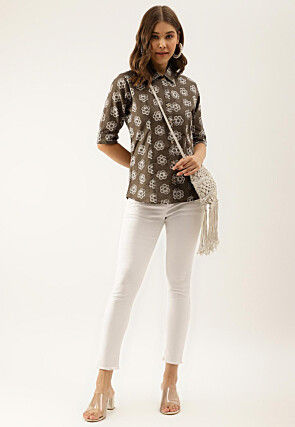 Batik Printed Pure Cotton Top in Fawn