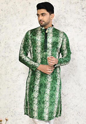 Batik Printed Satin Kurta in Green