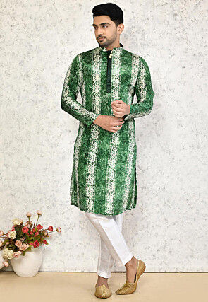 Batik Printed Satin Kurta Set in Green
