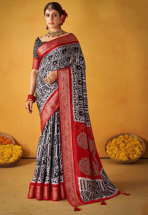 Batik Printed Tussar Silk Saree in Black and White