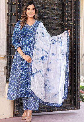 Batik Printed Viscose Rayon A Line Suit in Blue