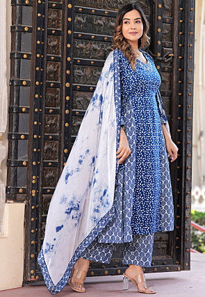 Batik Printed Viscose Rayon A Line Suit in Blue