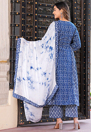 Batik Printed Viscose Rayon A Line Suit in Blue