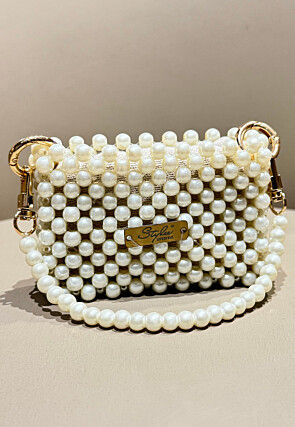 Beaded Art Silk Hand Bag in Off White