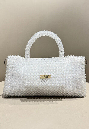 Beaded Art Silk Hand Bag in Off White