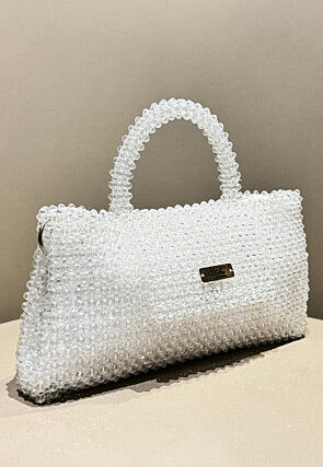 Beaded Art Silk Hand Bag in Off White