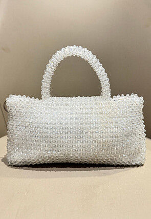 Beaded Art Silk Hand Bag in Off White