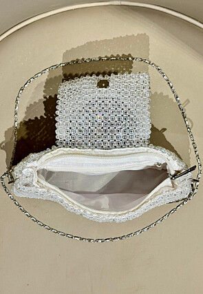 Beaded Art Silk Hand Bag in Off White
