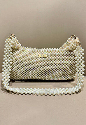 Beaded Art Silk Hand Bag in Off White