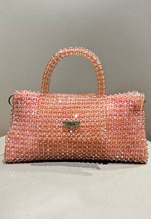 Beaded Art Silk Hand Bag in Peach