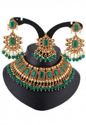 Gold black green purple pink choker necklace jhumka earring tikka indian bridal 
