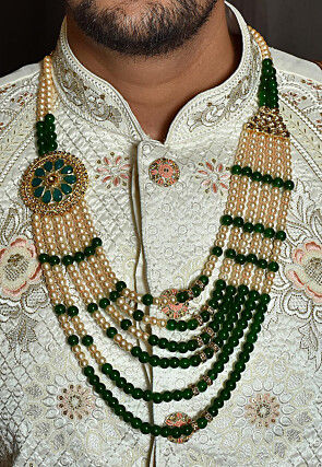 Beaded Layered Kanthamala in Green and Off White