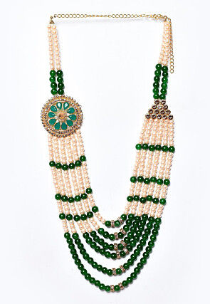 Beaded Layered Kanthamala in Green and Off White