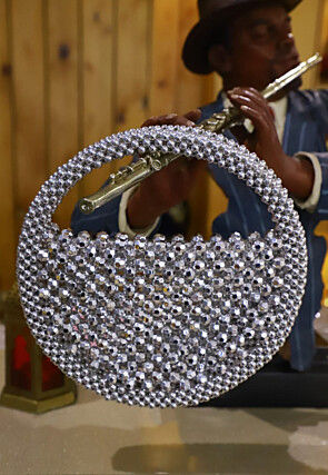 Beaded String Round Clutch Bag in Silver