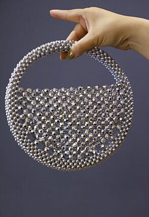Beaded String Round Clutch Bag in Silver